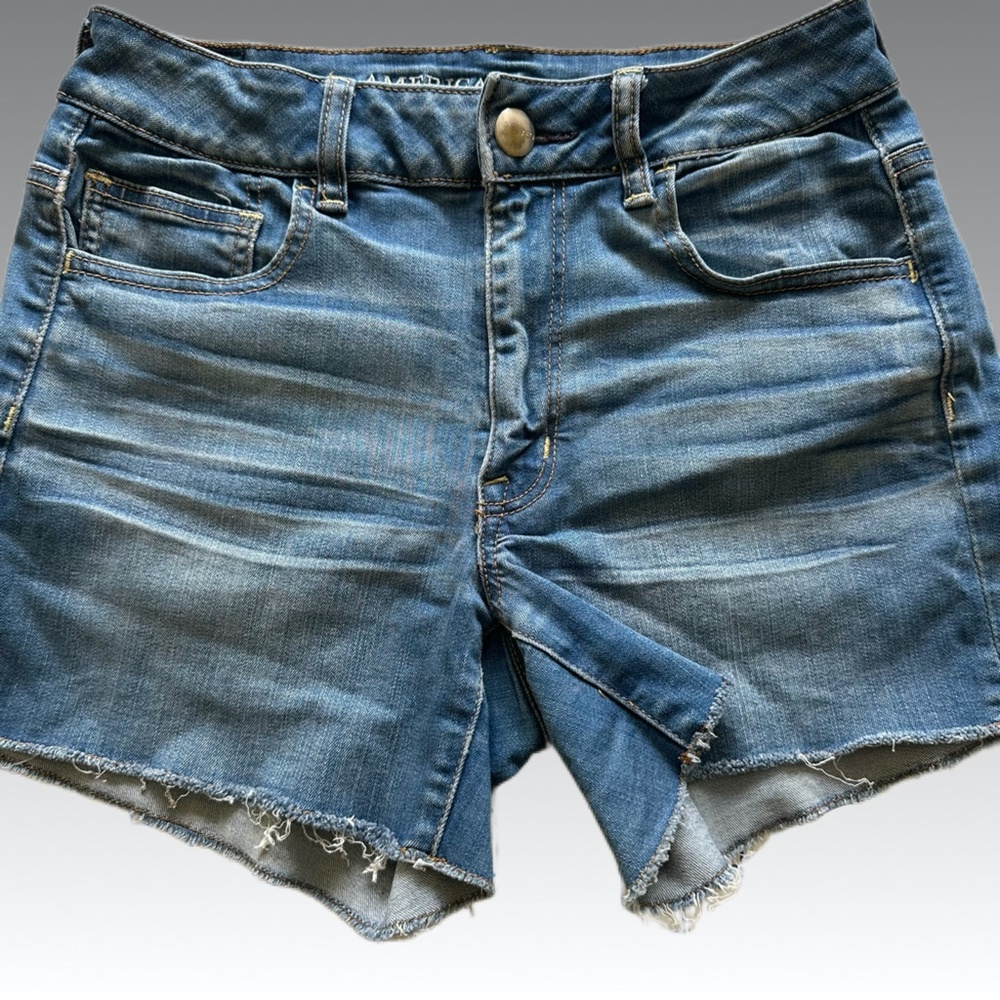 AEO Hi-Rise Shortie Denim Shorts 6 Blue | Super Stretch High Rise Raw Hem